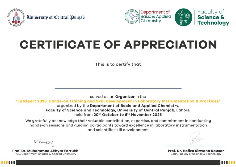LabXpert 2025 Certificate of Appreciation — Organizer, University of Central Punjab